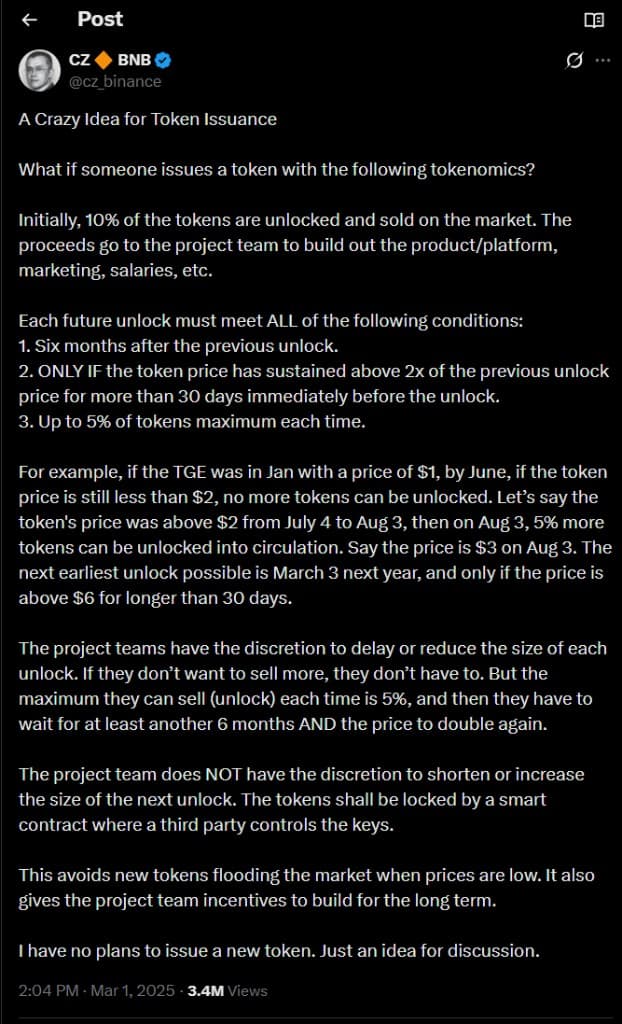 CZ's March 1, 2025 post on X: A Crazy Idea for Token Issuance